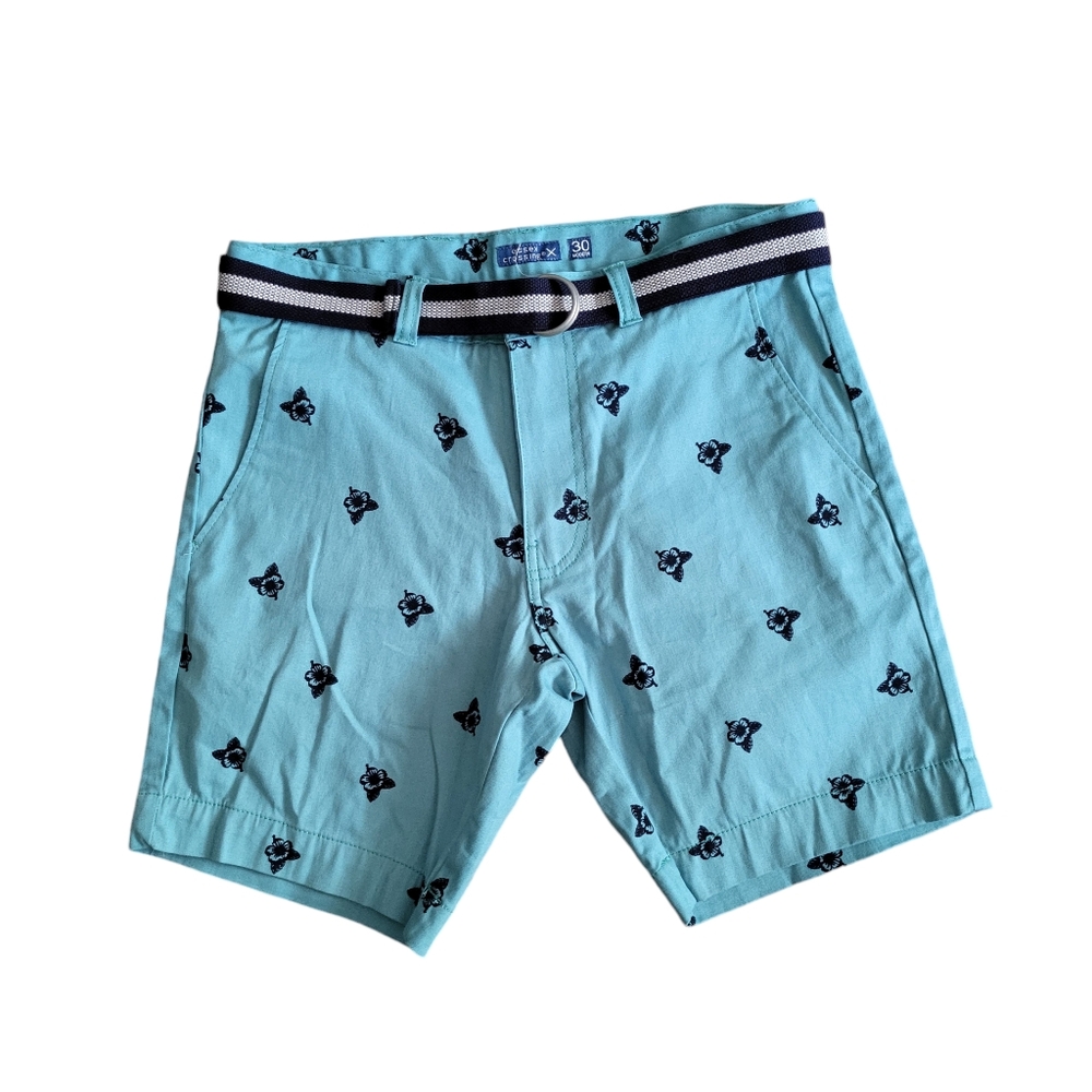 New Mens 30 Hawaiian Hibiscus Chino‎ Shorts Floral Belt Teal Preppy Vacation Nwt